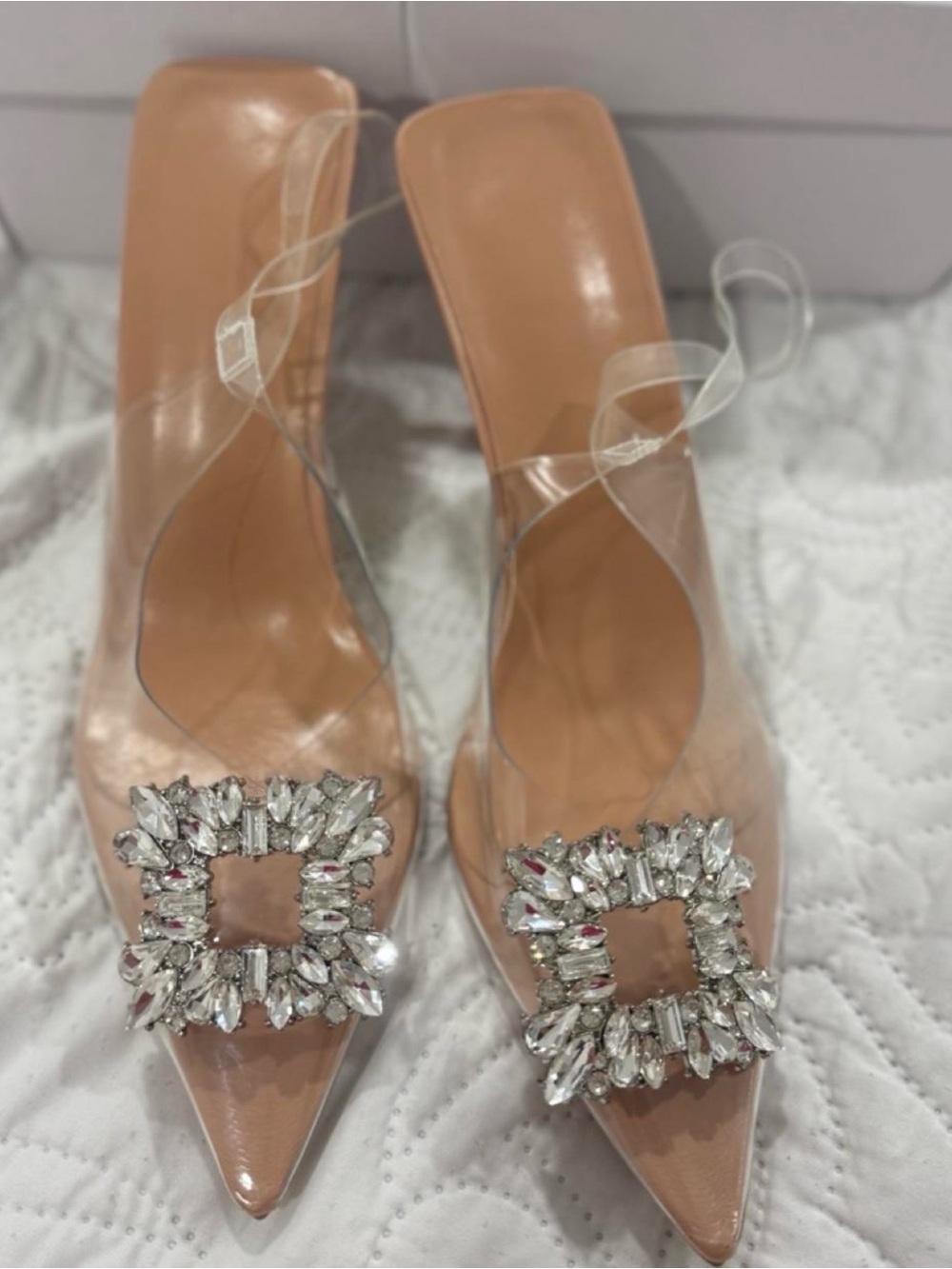 Clear Strap Nude Pointed Toe Slingback Heels with Crystal Buckle